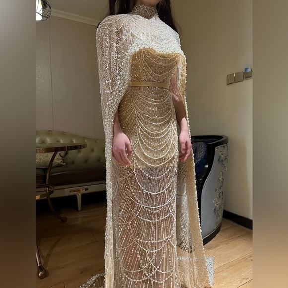 Dubai Arabia Nude Mermaid Long Cape Luxury Evening Dresses Gowns - Picture 5 of 16